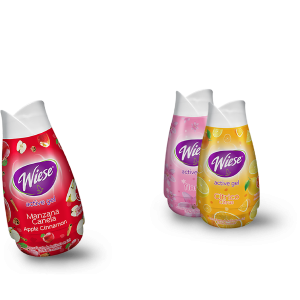 Aromatizante en Gel Wiese 170g en presentaciones de Manzana Canela, Floral y Cítrico, con tapa ajustable para controlar la fragancia