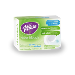 Imagen de la Pastilla Cloro Wiese 35g con empaque y pastillas blancas, ideal para desinfección y limpieza automática de inodoros