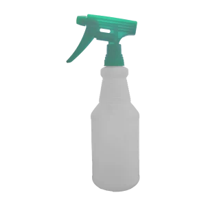 Un atomizador plástico industrial 800 ml, transparente con gatillo y boquilla de color verde, diseñado ergonómicamente y con gatillo resistente, ideal para pulverizar líquidos en uso doméstico o profesional.