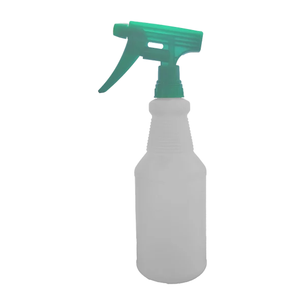 Un atomizador plástico industrial 800 ml, transparente con gatillo y boquilla de color verde, diseñado ergonómicamente y con gatillo resistente, ideal para pulverizar líquidos en uso doméstico o profesional.