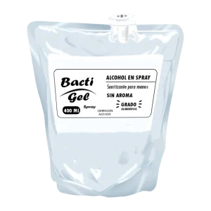 Bolsa flexible de BactiGel Alcohol Líquido Spray DEQ Sin Aroma, ideal para recarga de dispensadores de spray para manos y superficies.