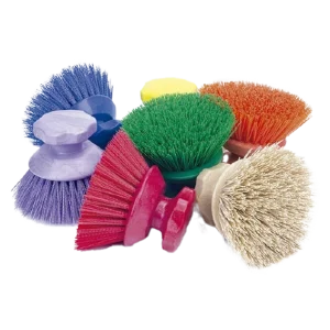 Conjunto de Cepillo Tipo Estrella, Cepillo Manual y Ergonómico DEQ en varios colores (morado, fucsia, amarillo, verde, naranja, beige), con base de plástico resistente y cerdas de PBT de rigidez media, ideales para la limpieza versátil de cintas transportadoras, utensilios y superficies.