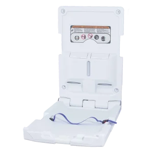 Un Cambiador Vertical Premium DEQ de color blanco, fabricado en polietileno de alta densidad, diseñado para baños públicos con un diseño plegable y base cóncava para la comodidad del bebé, garantizando seguridad y ahorro de espacio.