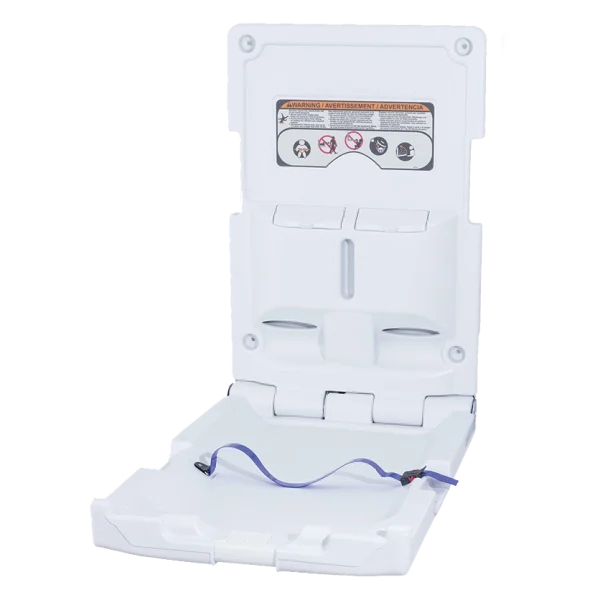 Un Cambiador Vertical Premium DEQ de color blanco, fabricado en polietileno de alta densidad, diseñado para baños públicos con un diseño plegable y base cóncava para la comodidad del bebé, garantizando seguridad y ahorro de espacio.