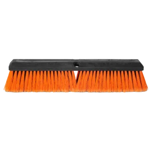 Cepillo de Polipropileno para Piso DEQ con block plástico negro y fibras mixtas color naranja, compatible con bastones de rosca, ideal para barrido en uso industrial o comercial, disponible en 18 y 24 pulgadas.
