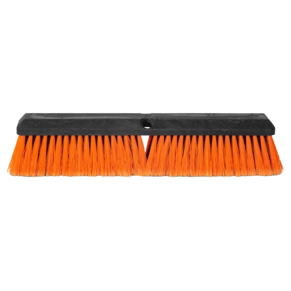 Cepillo de Polipropileno para Piso DEQ con block plástico negro y fibras mixtas color naranja, compatible con bastones de rosca, ideal para barrido en uso industrial o comercial, disponible en 18 y 24 pulgadas.