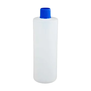 Un envase cilíndrico de 16 onzas (473 ml) translúcido con una tapa rosca azul de 28mm, ideal para el envasado de productos de limpieza, químicos o industriales, presentado en un empaque de 128 unidades.