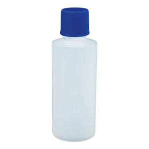 Un envase cilíndrico de 2 onzas (59 ml) translúcido con una tapa rosca azul de 24mm, diseñado para el envasado de pequeñas cantidades de líquidos, ideal para muestras o productos de viaje.
