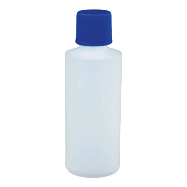 Un envase cilíndrico de 2 onzas (59 ml) translúcido con una tapa rosca azul de 24mm, diseñado para el envasado de pequeñas cantidades de líquidos, ideal para muestras o productos de viaje.