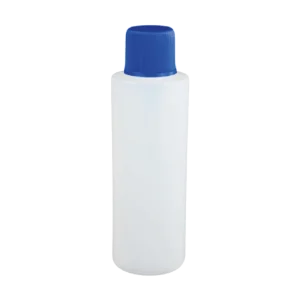 Un envase cilíndrico de 4 onzas (118.5 ml) translúcido con una tapa rosca azul de 24mm, ideal para el envasado de productos cosméticos, de higiene o muestras, presentado en un empaque de 335 unidades.