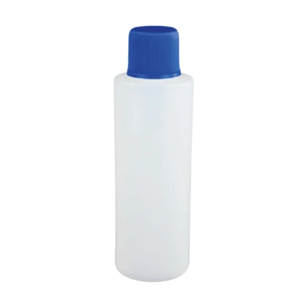 Un envase cilíndrico de 4 onzas (118.5 ml) translúcido con una tapa rosca azul de 24mm, ideal para el envasado de productos cosméticos, de higiene o muestras, presentado en un empaque de 335 unidades.
