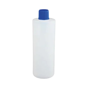Un envase cilíndrico de 8 onzas (240 ml) translúcido con una tapa rosca azul de 24mm, ideal para el envasado de productos de limpieza, higiene o cosméticos, presentado en un empaque de 215 unidades.