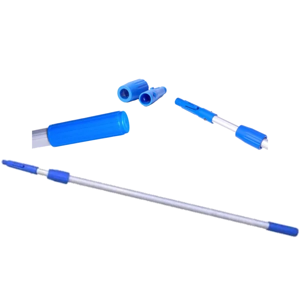 Extensión de Aluminio para Herramientas de Limpieza DEQ, telescópica y liviana, con mangos azules y cuerpo plateado, disponible en 2.4 y 3.6 metros, ideal para alcanzar techos, vidrios altos o fachadas y compatible con adaptador universal.