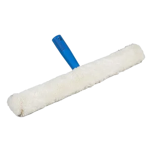 Humectador de 35 Centímetros DEQ con mango azul y funda blanca de fibra, accesorio en forma de T diseñado para la limpieza eficiente y amplia cobertura de vidrios y superficies lisas.