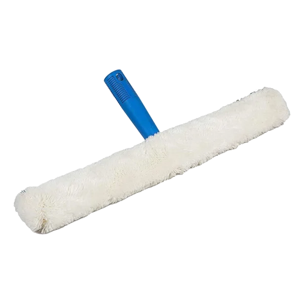 Humectador de 35 Centímetros DEQ con mango azul y funda blanca de fibra, accesorio en forma de T diseñado para la limpieza eficiente y amplia cobertura de vidrios y superficies lisas.