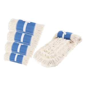 Mopa Industrial de Algodón Premium de color blanco con bandas azules, algunas apiladas y una extendida, mostrando su resistencia y alta absorción, compatibles con bases metálicas y disponibles en tamaños de 40 a 120 cm.