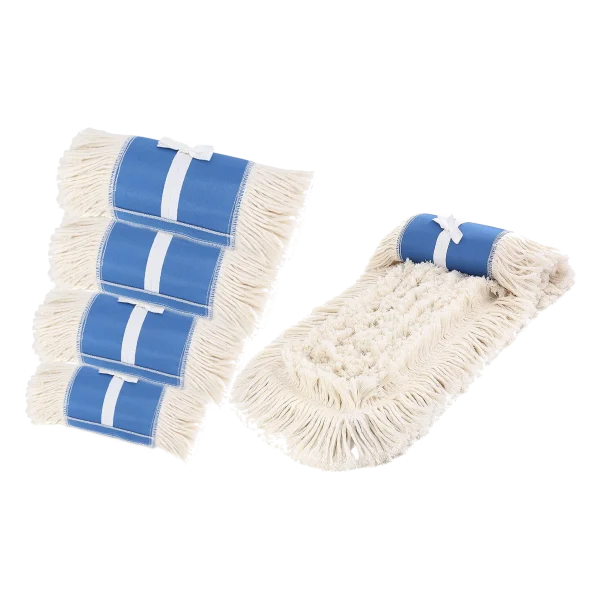 Mopa Industrial de Algodón Premium de color blanco con bandas azules, algunas apiladas y una extendida, mostrando su resistencia y alta absorción, compatibles con bases metálicas y disponibles en tamaños de 40 a 120 cm.