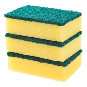 Conjunto de Esponjas Multiusos de Doble Cara de color verde y amarillo, con un lado de fibra abrasiva para tallado y un lado de base suave para lavado, ideales para limpieza de cocina sin dañar.