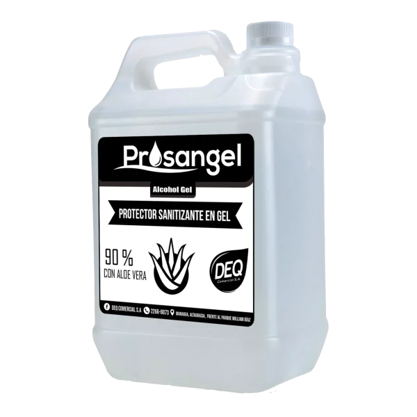 Galón de Prosangel 90% Alcohol Sanitizante Gel DEQ con aloe vera, para desinfección efectiva de manos sin resecar la piel.