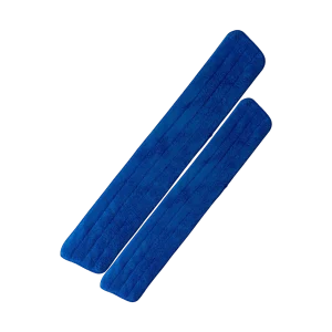 Mopa de Repuestos para Microfibra extrafina de color azul oscuro, una de 60 cm y otra de 90 cm, mostrando su capacidad para atrapar polvo y líquidos eficientemente en una sola pasada.