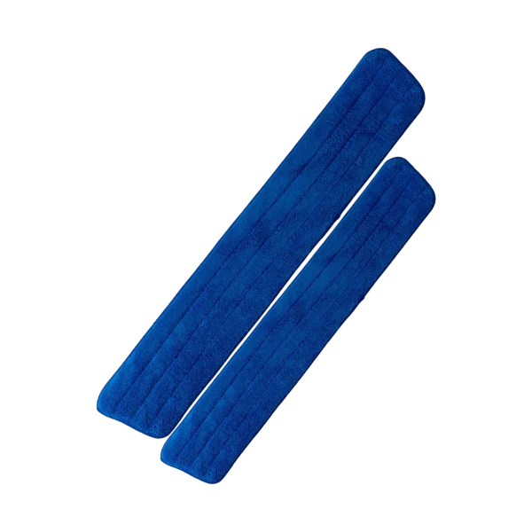 Mopa de Repuestos para Microfibra extrafina de color azul oscuro, una de 60 cm y otra de 90 cm, mostrando su capacidad para atrapar polvo y líquidos eficientemente en una sola pasada.