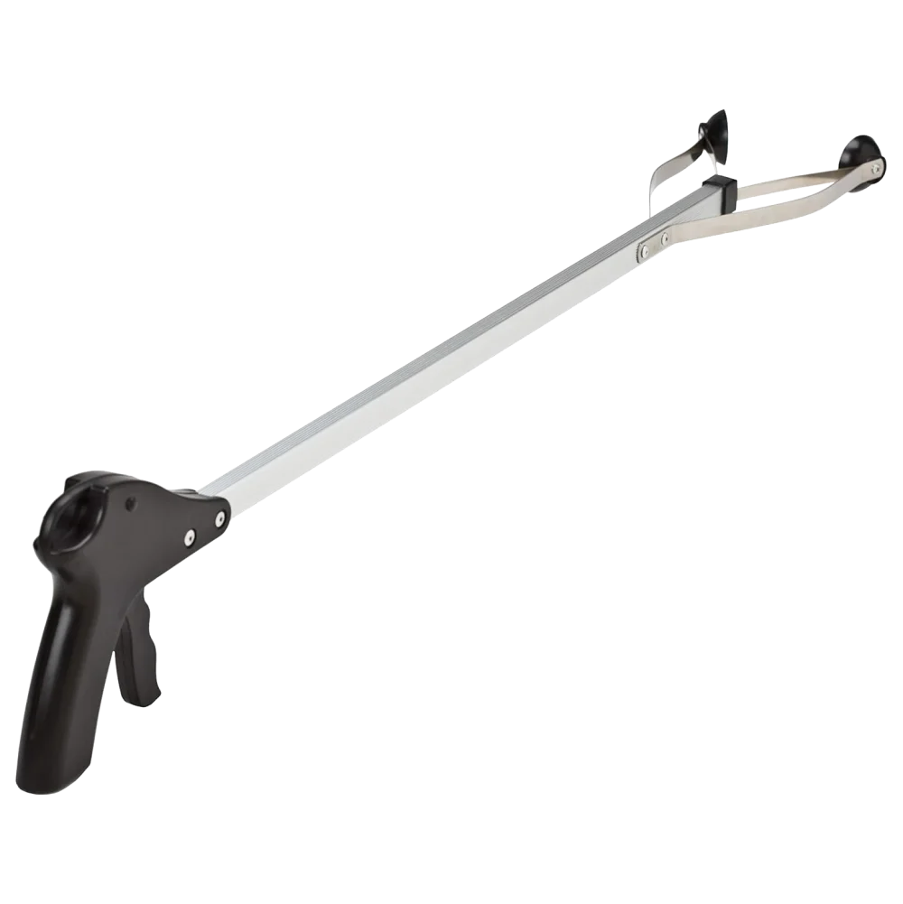 Recogedor con Gatillo DEQ de color gris y negro, con brazo extensible y pinza para agarrar objetos con precisión, diseñado para la recolección de residuos sin necesidad de agacharse, ideal para limpieza profesional.