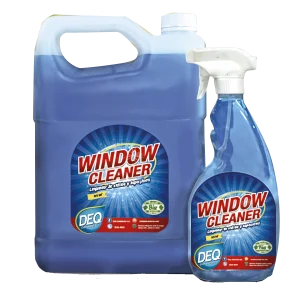 Galón y botella spray de Window Cleaner DEQ, limpiador azul para dejar vidrios, cristales y espejos brillantes sin residuos.