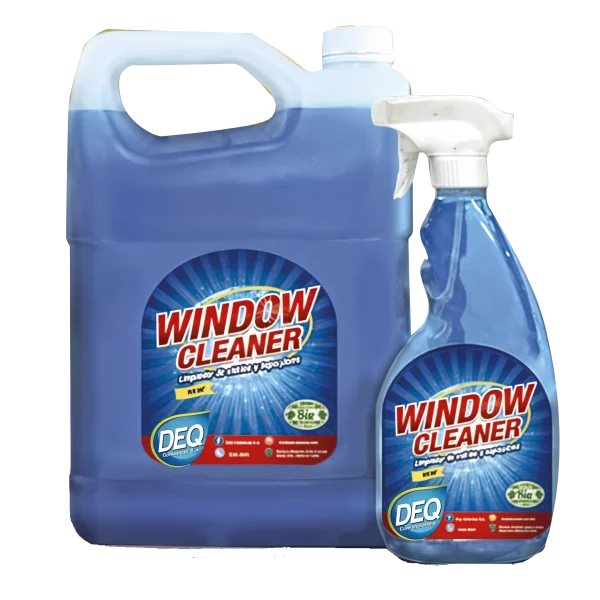 Galón y botella spray de Window Cleaner DEQ, limpiador azul para dejar vidrios, cristales y espejos brillantes sin residuos.