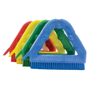 Juego de Cepillo para Esquinas y Espacios Complejos DEQ en azul, amarillo, verde y rojo, con cerdas rígidas y espátula integrada para limpieza profunda de juntas y rincones.