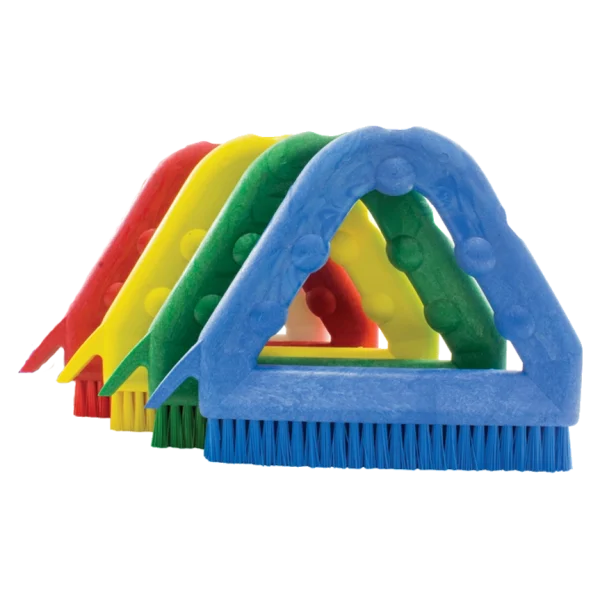 Juego de Cepillo para Esquinas y Espacios Complejos DEQ en azul, amarillo, verde y rojo, con cerdas rígidas y espátula integrada para limpieza profunda de juntas y rincones.
