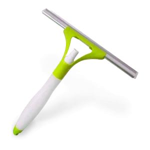 Jalador de vidrios con spray con cabezal metálico y soporte verde, y mango antideslizante blanco con depósito integrado y botón de spray, diseñado para limpiar vidrios y superficies lisas en un solo paso.