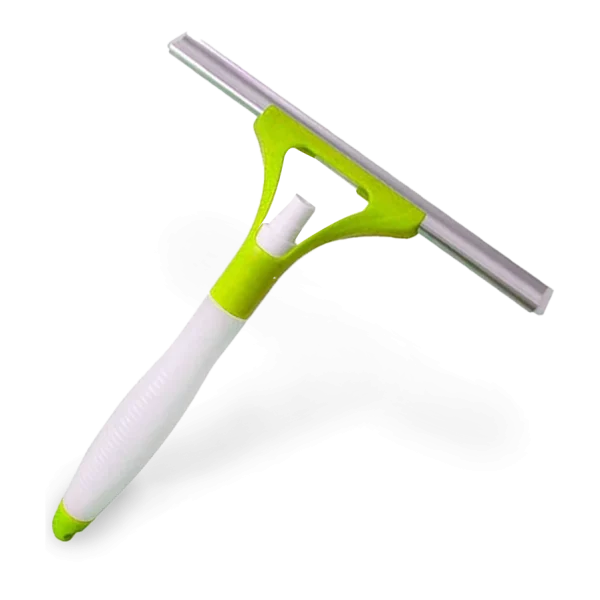 Jalador de vidrios con spray con cabezal metálico y soporte verde, y mango antideslizante blanco con depósito integrado y botón de spray, diseñado para limpiar vidrios y superficies lisas en un solo paso.