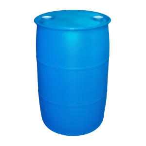 Un Barril Elanillado de 220 Litros DEQ de polietileno de alta densidad azul, con dos tapas roscadas de 50.8 mm en la parte superior, diseñado para el almacenamiento industrial de grandes volúmenes de líquidos.