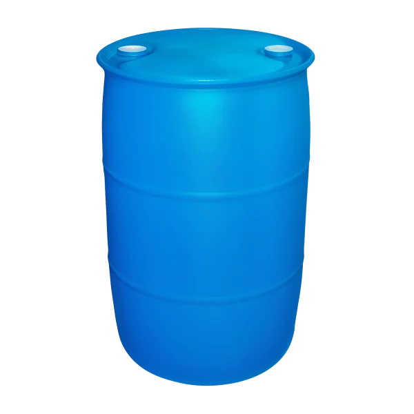 Un Barril Elanillado de 220 Litros DEQ de polietileno de alta densidad azul, con dos tapas roscadas de 50.8 mm en la parte superior, diseñado para el almacenamiento industrial de grandes volúmenes de líquidos.
