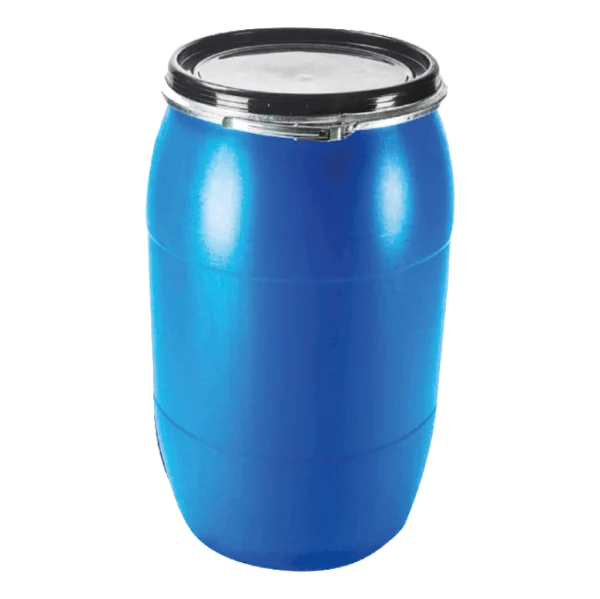 Un Barril Hermético 220 Litros DEQ azul de polietileno de alta densidad, con una tapa a presión superior de 455.5mm y un cincho metálico, ideal para el almacenamiento seguro y unitario de líquidos industriales y sólidos.