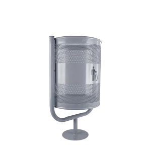 Un Bote de Basura Basculante 45 Litros DEQ de lámina galvanizada perforada en color gris metálico, con estructura basculante para fácil vaciado, ideal para su instalación en exteriores y espacios públicos como parques y calles.