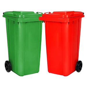 Un Contenedor de Basura 120 Litros con ruedas verde de plástico de alta resistencia, con ruedas robustas para fácil desplazamiento y una tapa hermética, ideal para la recolección de residuos en industrias, oficinas y áreas residenciales.