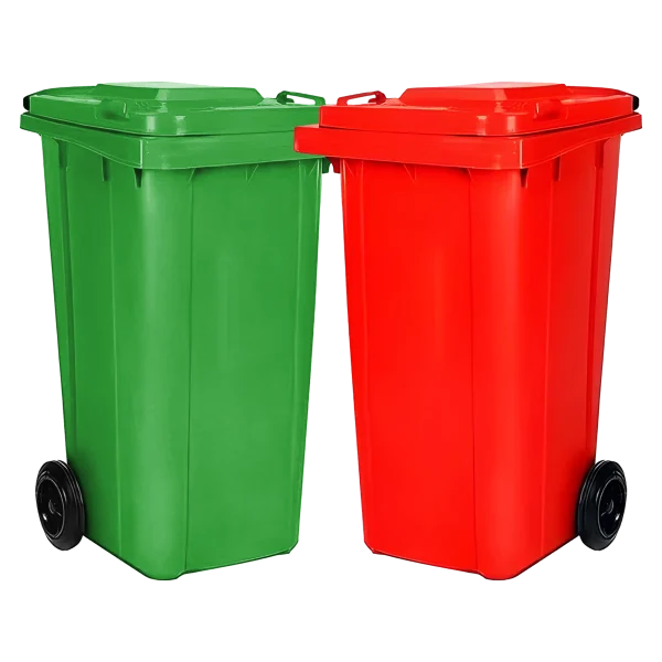 Un Contenedor de Basura 120 Litros con ruedas verde de plástico de alta resistencia, con ruedas robustas para fácil desplazamiento y una tapa hermética, ideal para la recolección de residuos en industrias, oficinas y áreas residenciales.