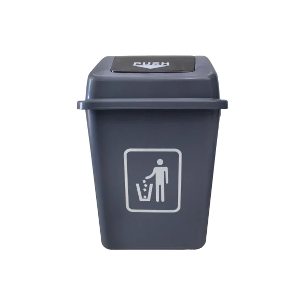 Un Bote de Basura Gris Tapa Push 30 Litros con tapa tipo push, ideal para oficinas, hogares y espacios públicos, diseñado para una disposición higiénica de residuos y con un diseño funcional y duradero.