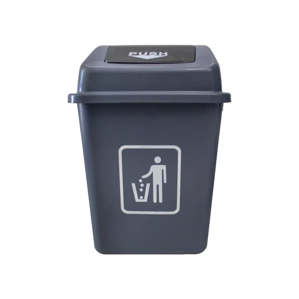 Un Bote de Basura Gris Tapa Push 42 Litros con tapa tipo push, ideal para oficinas, hogares y espacios públicos, diseñado para una disposición higiénica de residuos y con un diseño funcional y duradero.