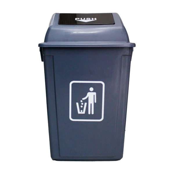 Un Bote de Basura Gris Tapa Push 60 Litros con tapa tipo push, ideal para oficinas, hogares y espacios públicos, diseñado para una disposición higiénica de residuos y con un diseño funcional y duradero.