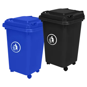 Un Bote de Basura 60 Litros con 4 ruedas DEQ azul de plástico resistente, con 4 ruedas para fácil desplazamiento y una tapa hermética, ideal para la gestión de residuos en oficinas, colegios, hospitales y espacios públicos.