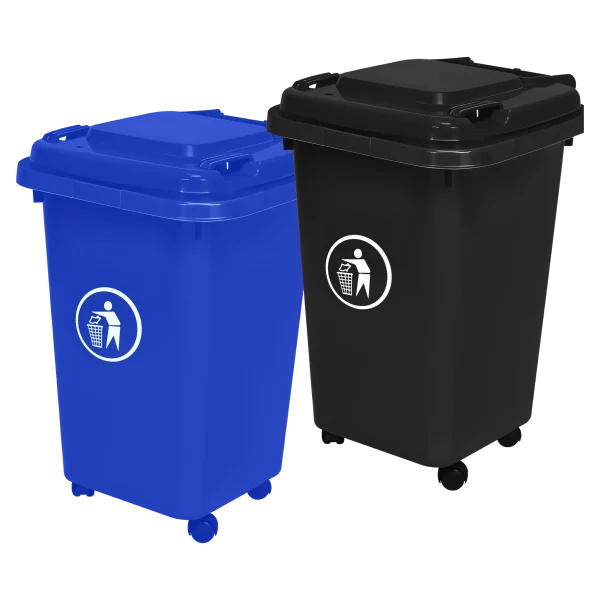 Un Bote de Basura 60 Litros con 4 ruedas DEQ azul de plástico resistente, con 4 ruedas para fácil desplazamiento y una tapa hermética, ideal para la gestión de residuos en oficinas, colegios, hospitales y espacios públicos.