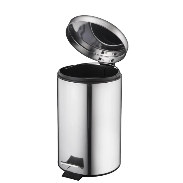 Un Basurero de Acero Inoxidable con Pedal 20 litros, con acabado metálico brillante y una cubeta interior plástica extraíble, diseñado para un uso higiénico sin contacto en cocinas, baños y oficinas, combinando funcionalidad y un estilo moderno.