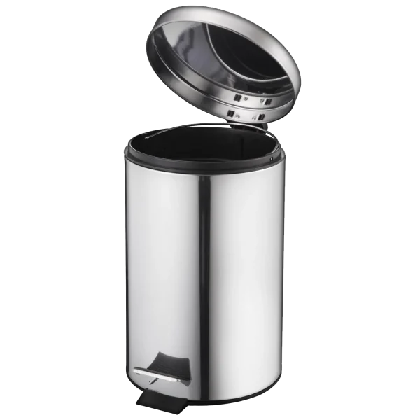 Un Basurero de Acero Inoxidable con Pedal 30 Litros, con acabado metálico brillante y una cubeta interior plástica extraíble, ideal para un uso higiénico sin contacto en cocinas, oficinas y baños.