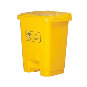 Un Basurero Plástico de Pedal 20 Litross con sistema de pedal para apertura sin contacto, en color amarillo brillante, ideal para entornos que requieren control sanitario como hospitales y cocinas, también disponible en gris.