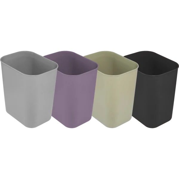 Un Basurero Rectangular 15 litros en varios colores (gris, negro, lila, beige), con un diseño moderno y minimalista, ideal para oficinas, habitaciones y baños, fabricado en material resistente y fácil de limpiar para una gestión de residuos elegante y práctica.