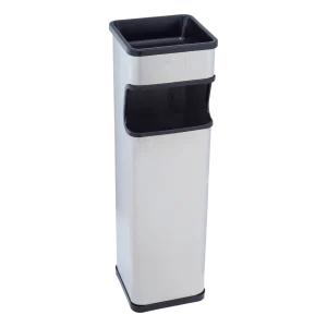 Un Cenicero de Pie con Papelera Acero Inoxidable DEQ de 15 litros, con diseño cuadrado en acabado blanco y detalles negros, ideal para espacios interiores como oficinas, pasillos y recepciones, combinando la disposición de colillas y residuos menores.