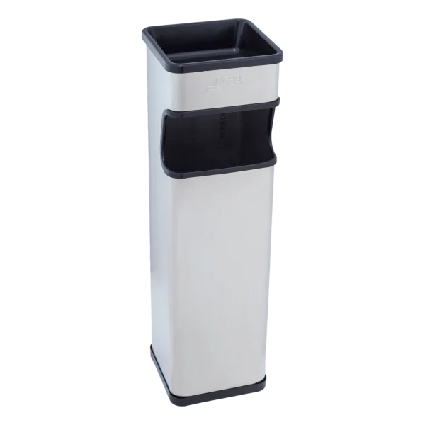 Un Cenicero de Pie con Papelera Acero Inoxidable DEQ de 15 litros, con diseño cuadrado en acabado blanco y detalles negros, ideal para espacios interiores como oficinas, pasillos y recepciones, combinando la disposición de colillas y residuos menores.