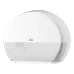 Dispensador Tork Papel Higiénico Jumbo blanco de alta capacidad (Sistema T1) para zonas de alto tránsito, con ventana de control y freno que reduce el desperdicio y optimiza el rollo.